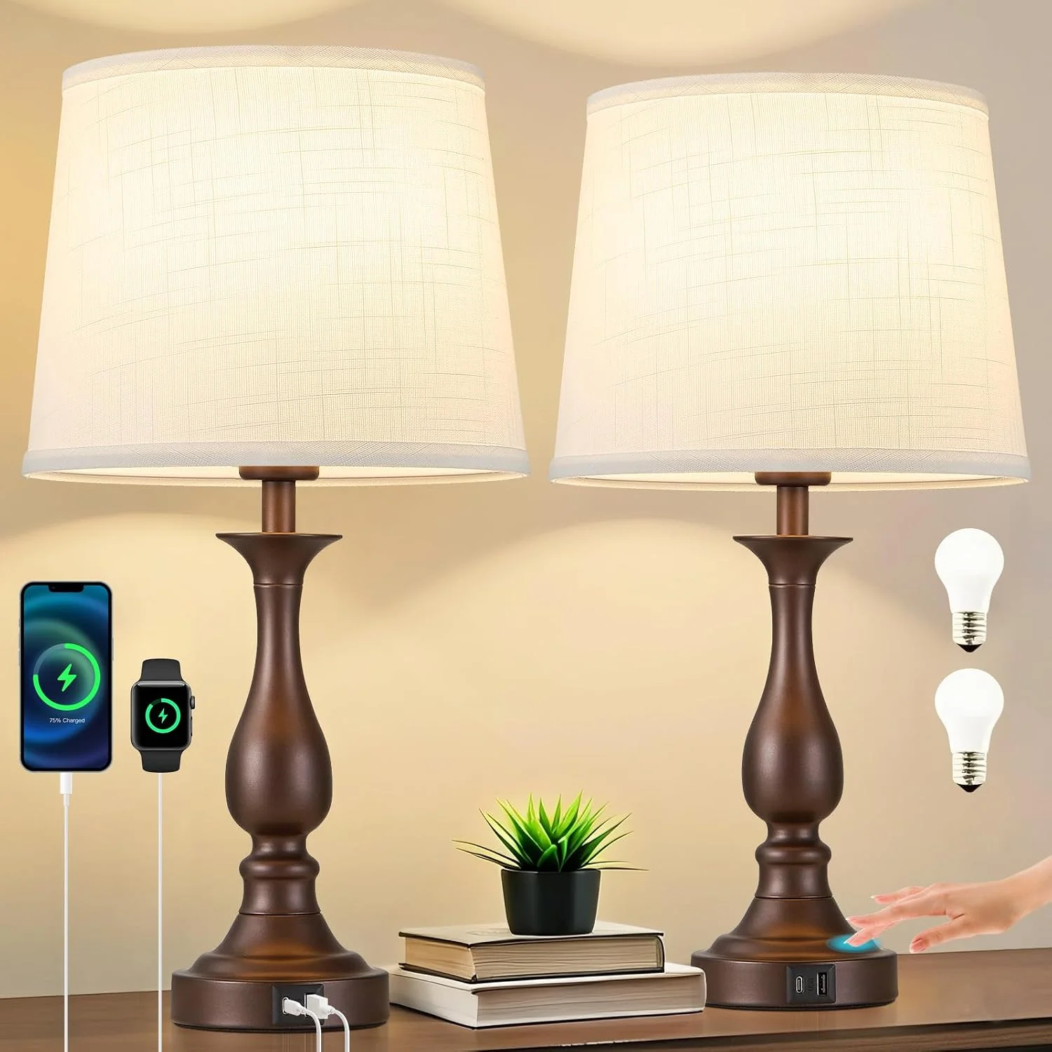 Bedside Table Lamp Touch Control Bedroom Lamps with USB A and C Charging Port 3 Way Dimmable Touch Lamps for Nightstand - Image 9