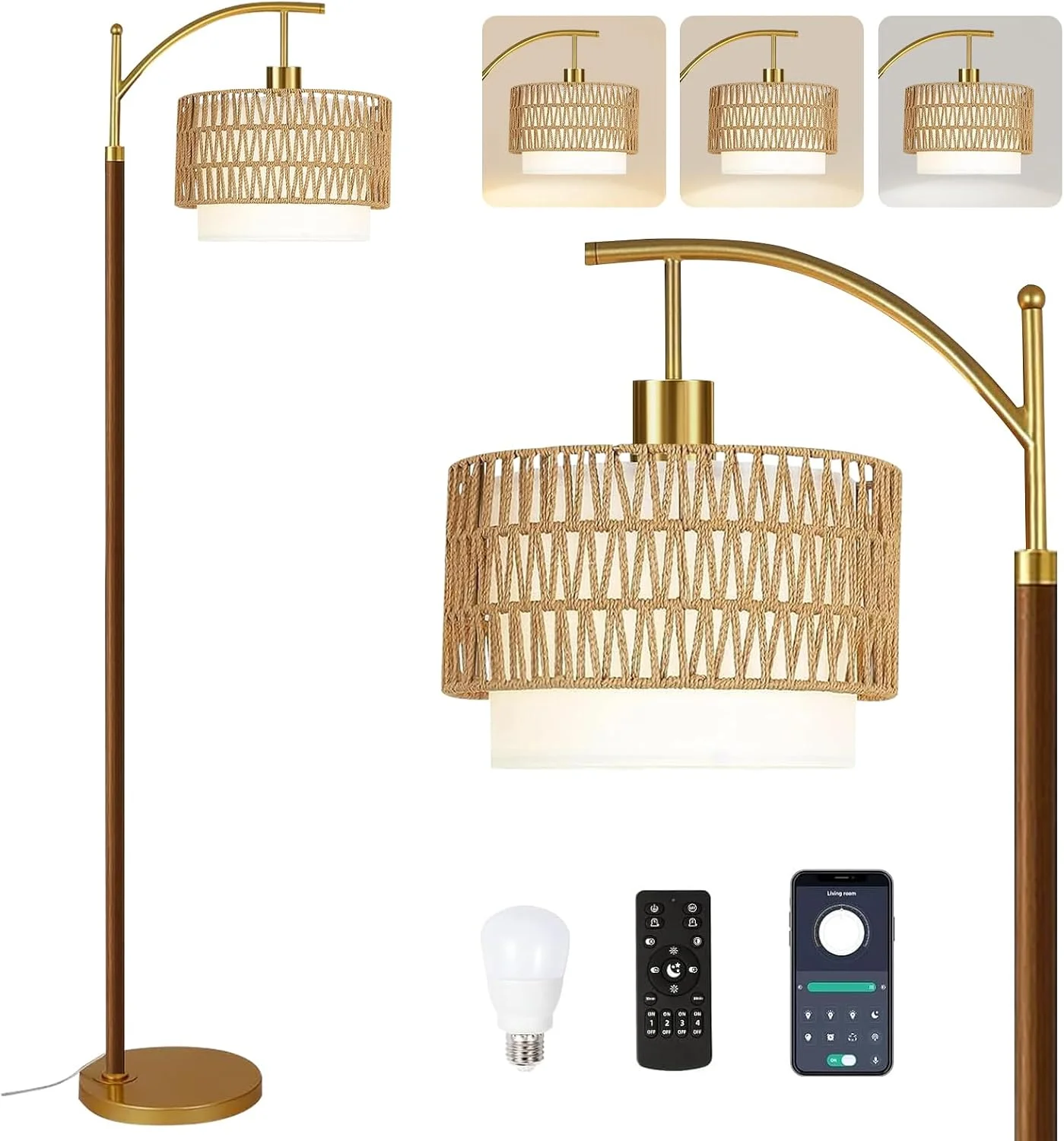 Arc Floor Lamp for Living Room Rattan Boho Floor Lamp with Remote Control, Dimmable, 3-Color Temperature - Image 12