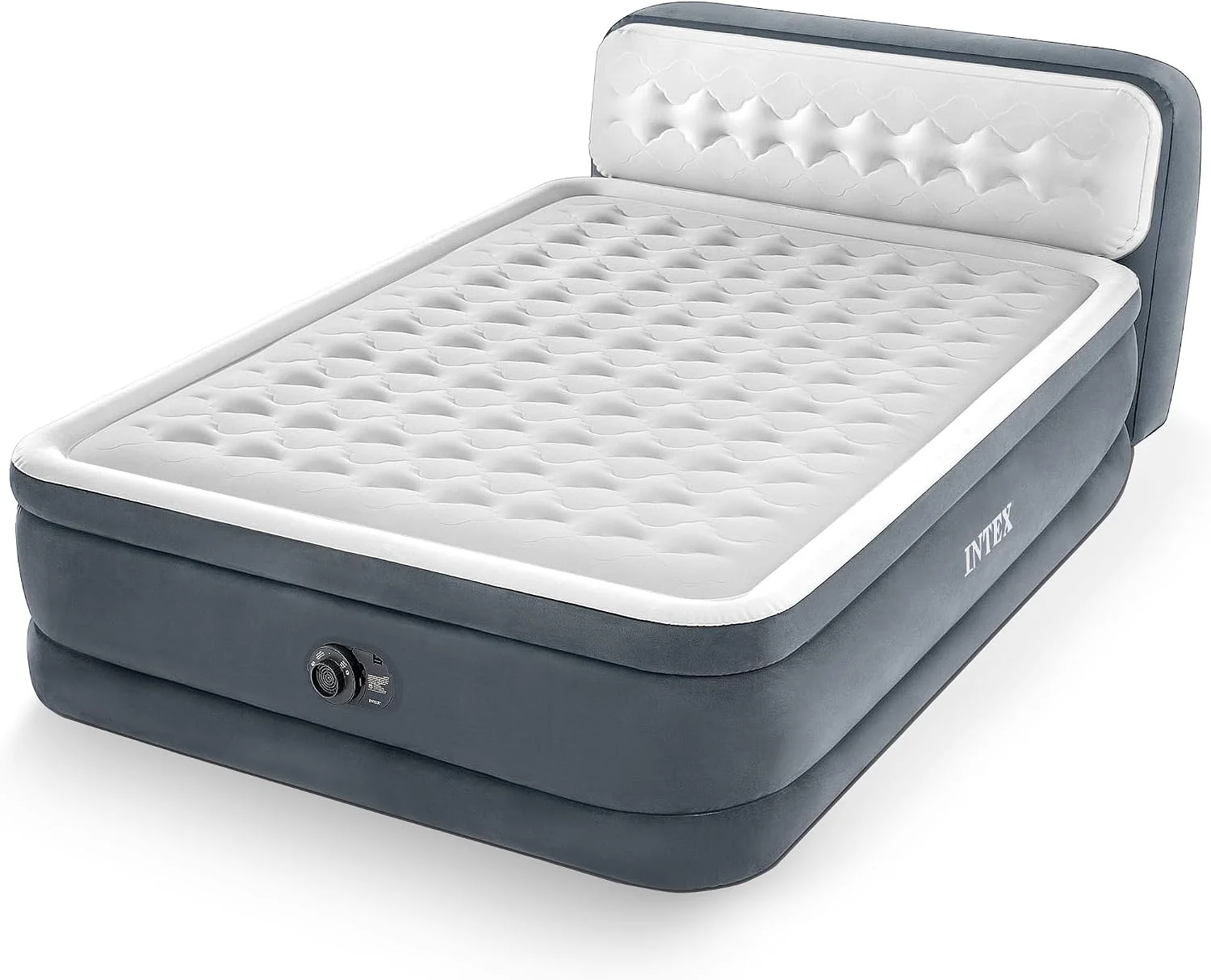 INTEX Queen Size Air Mattress, 18in Height Airbed with Headboard, Built-in Pump