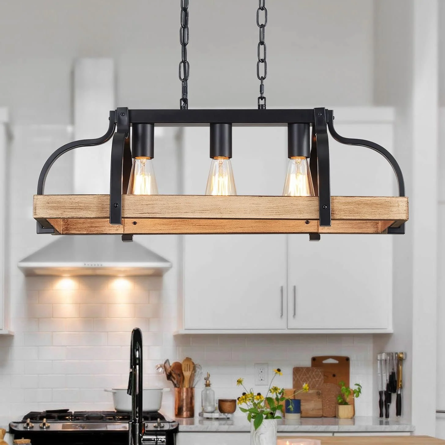 WUZUPS 5-Light Metal Chandelier Imitation Wood Grain Linear Pendant Ceiling Lighting Rustic Farmhouse Fixture Kitchen - Image 9