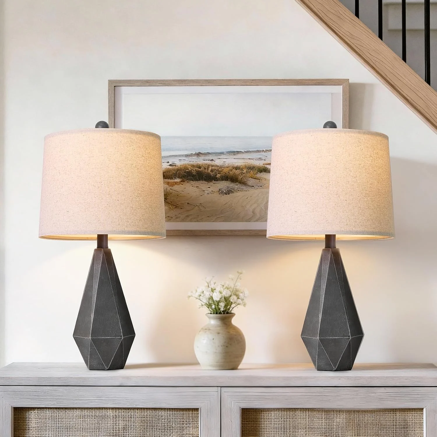 PoKat 20.25 Retro Farmhouse Table Lamp Set of 2, Living Room & Bedroom Rustic Linen Bedside Nightstand Lamps for Kids