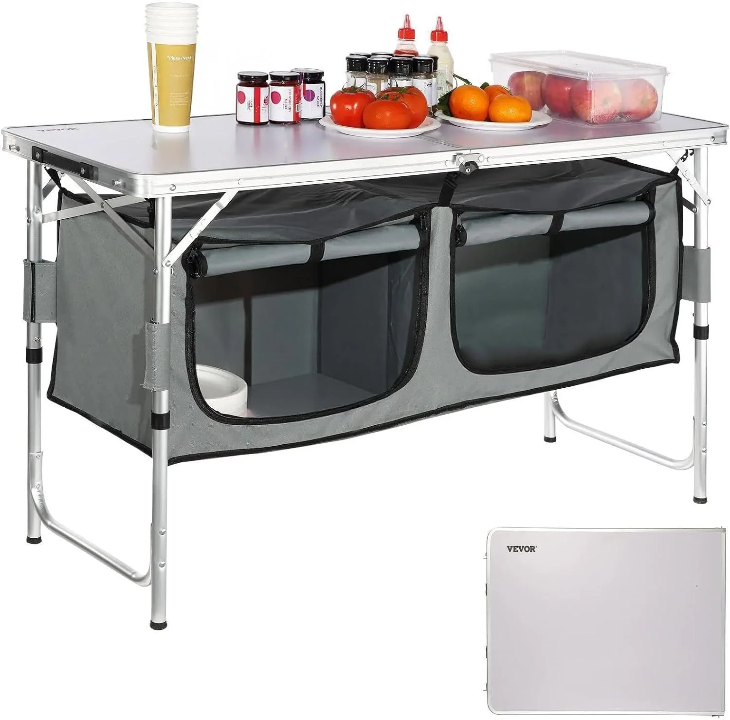 VEVOR Camping Kitchen Station, 3 Adjustable Height Folding Outdoor Camp Cooking Table with Storage Organizer - Image 3