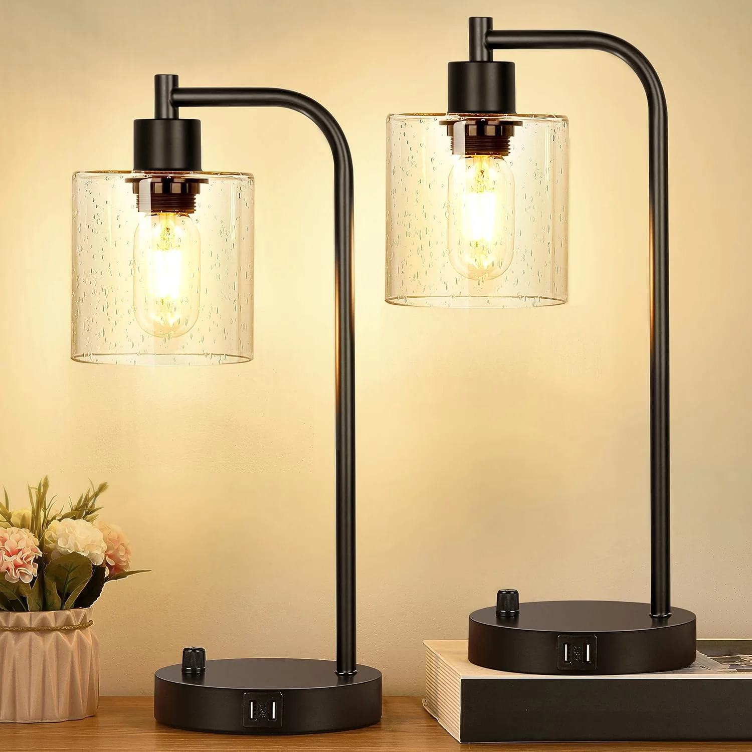 Lynnoland Set of 2 Industrial Table Lamps with 2 USB, Dimmable, Bulb Included