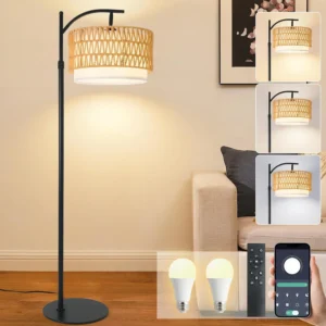 DRAWNCAT Gold Boho Rattan Floor Lamp w/Remote, Dimmable