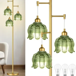 ZECOXOL Vintage Floor Lamp for Living Room Bedroom-3 Light Glass Floor Lamp with Three Led Bulb