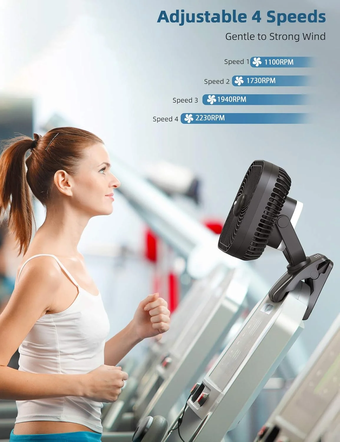 SLENPET 20000mAh Rechargeable Portable Clip-on Fan, Battery Operated, Last 78 Hrs, 4 Speeds with Light & Hook - Image 3