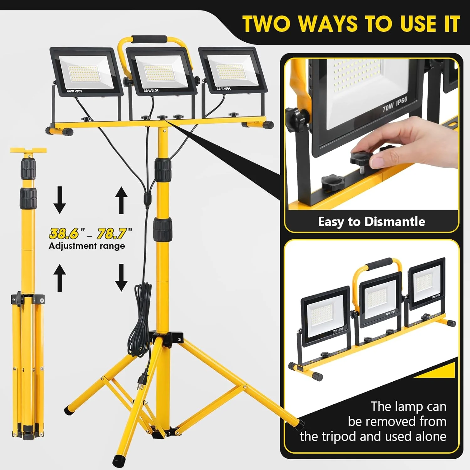 Zetunlo 21000Lumen LED Work Lights with Stand, 3 Head Portable Work Light with 16FT Cord, IP66 Waterproof Tripod - Image 3