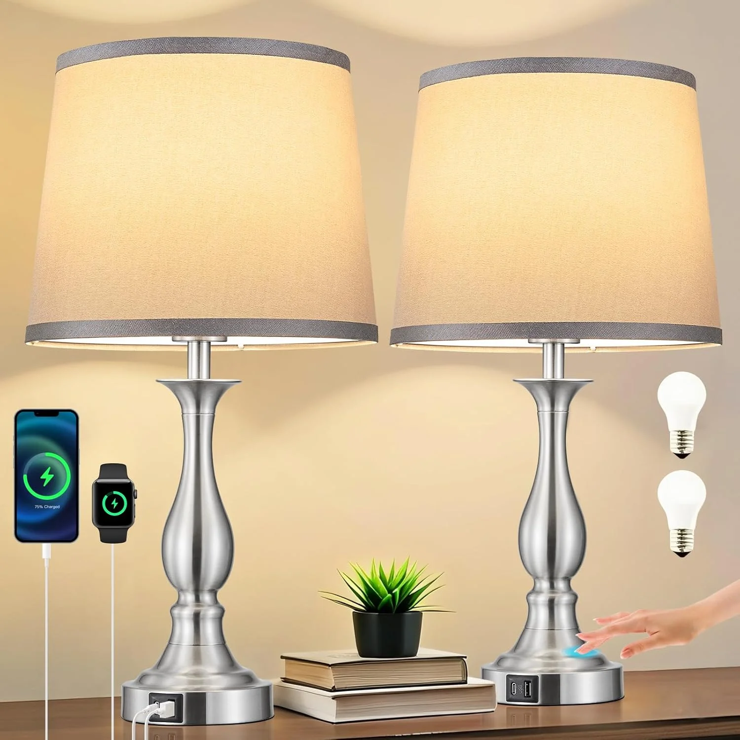 Bedside Table Lamp Touch Control Bedroom Lamps with USB A and C Charging Port 3 Way Dimmable Touch Lamps for Nightstand - Image 4