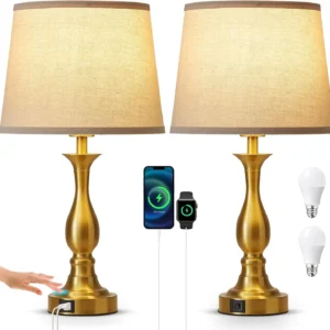 Bedside Table Lamp Touch Control Bedroom Lamps with USB A and C Charging Port 3 Way Dimmable Touch Lamps for Nightstand