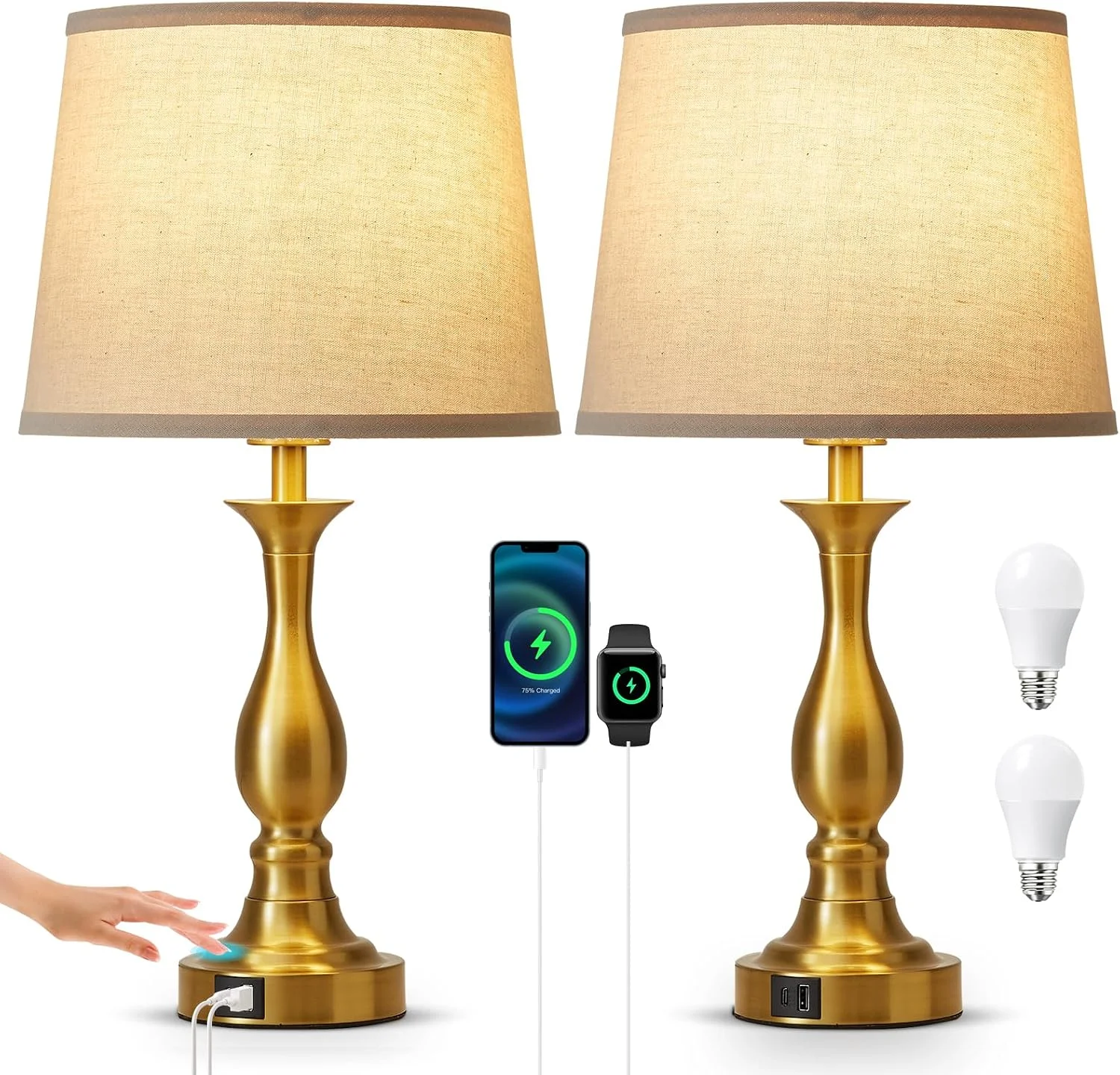 Bedside Table Lamp Touch Control Bedroom Lamps with USB A and C Charging Port 3 Way Dimmable Touch Lamps for Nightstand