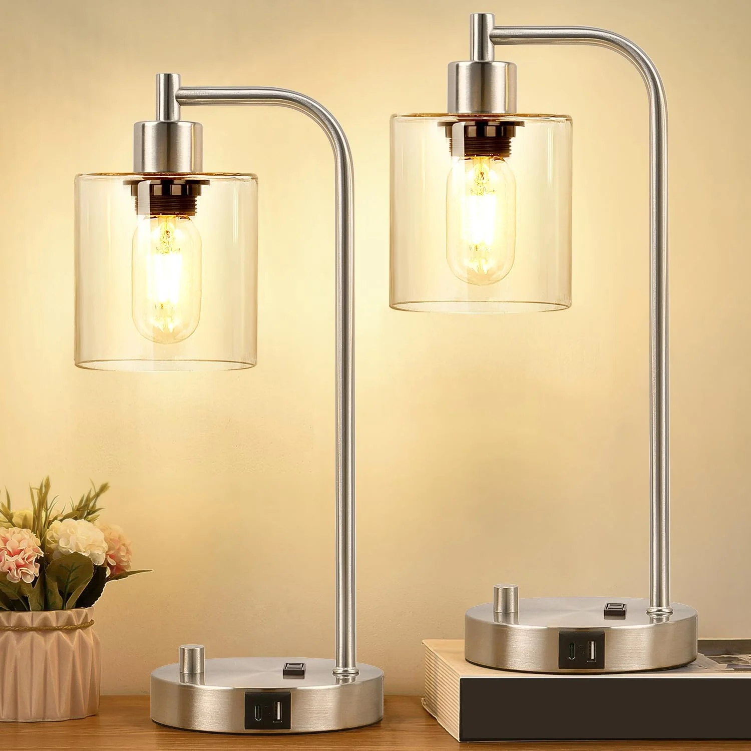 Lynnoland Set of 2 Industrial Table Lamps with 2 USB, Dimmable, Bulb Included - Image 4