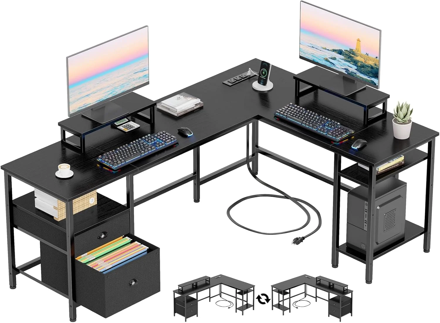 Furologee 66” L Shaped Desk with Power Outlet, Reversible Home Office Desk with File Drawer, 2 Monitor Stands - Image 3