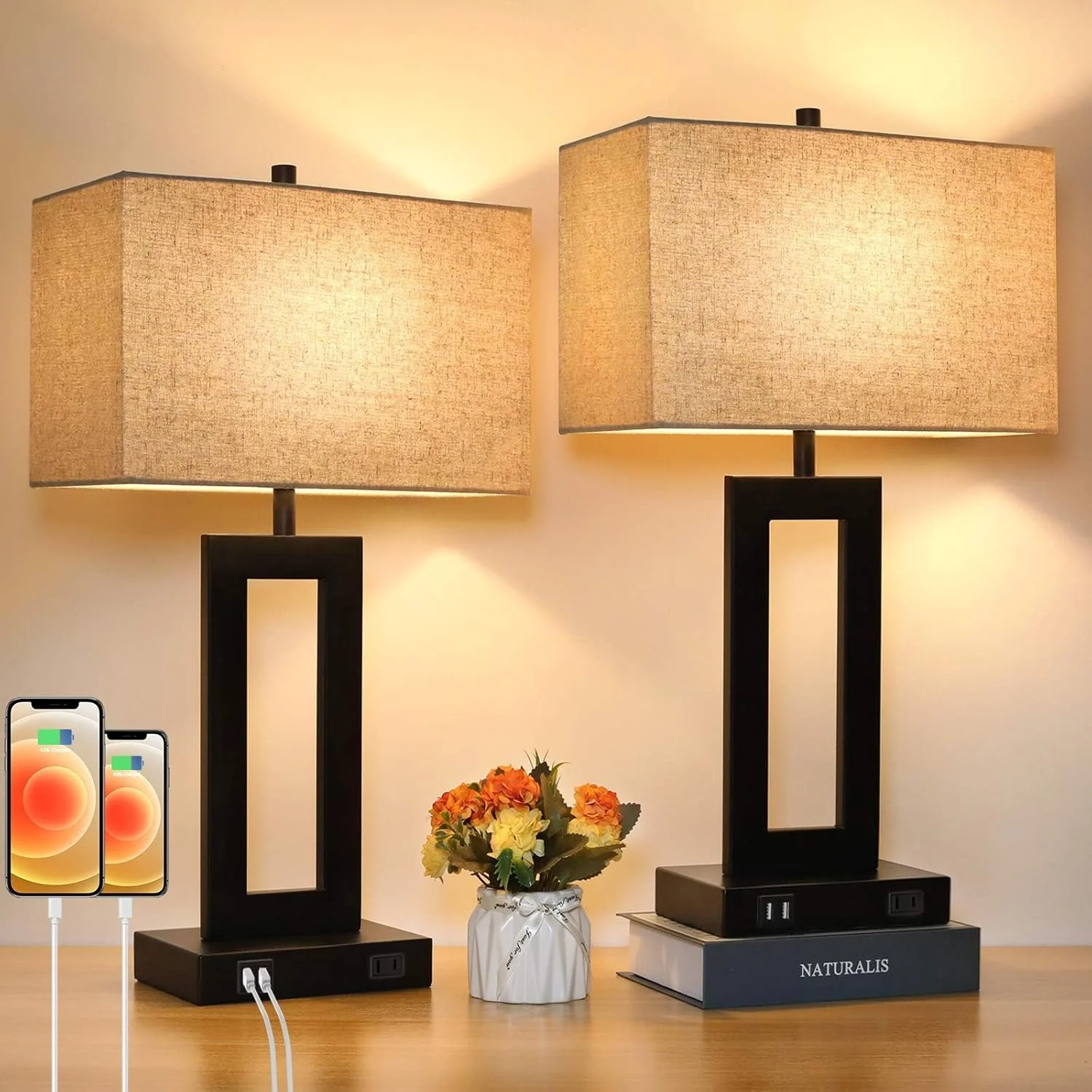Set of 2 Touch Control Table Lamp with 2 USB Ports, Dimmable - Image 3