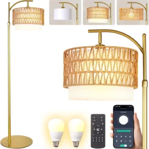 Alternative view of DRAWNCAT Gold Boho Rattan Floor Lamp w/Remote, Dimmable