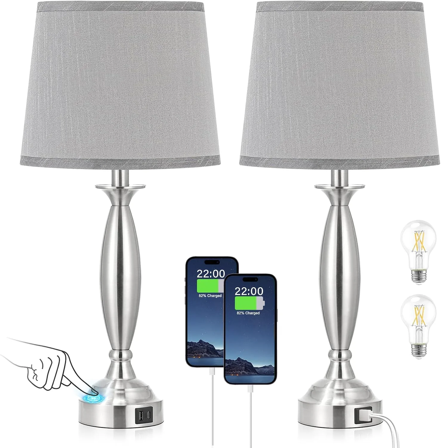 Seealle Touch Bedside Lamps for Nightstand Set of 2, Dimmable, Bulb Included - Image 2