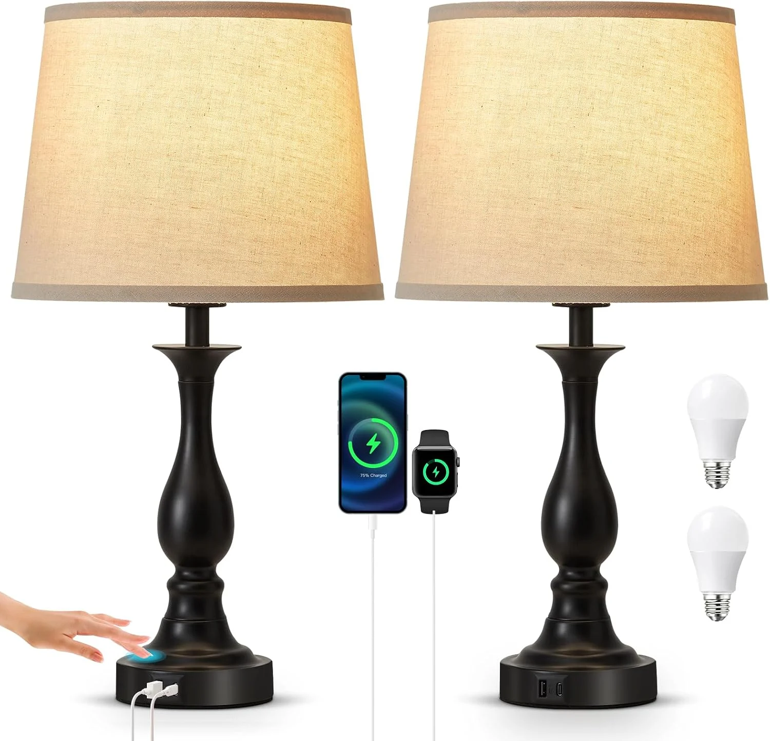 Bedside Table Lamp Touch Control Bedroom Lamps with USB A and C Charging Port 3 Way Dimmable Touch Lamps for Nightstand - Image 7