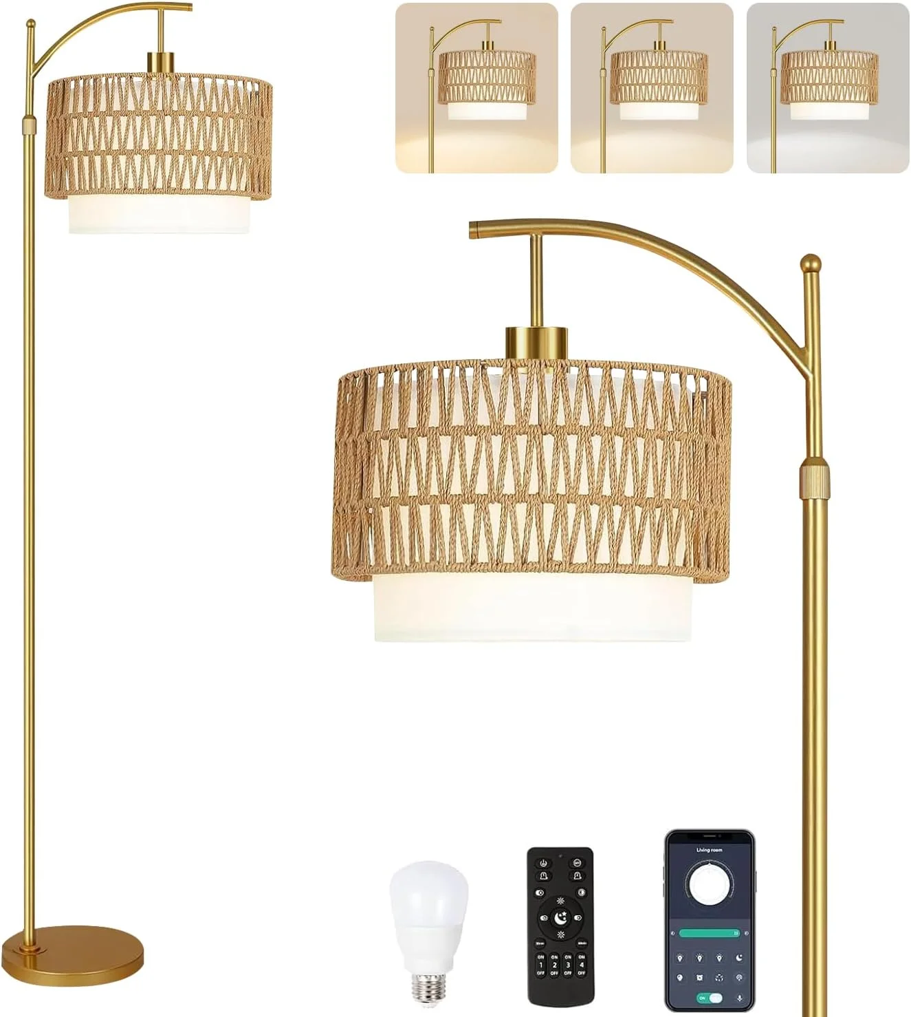 Arc Floor Lamp for Living Room Rattan Boho Floor Lamp with Remote Control, Dimmable, 3-Color Temperature - Image 5