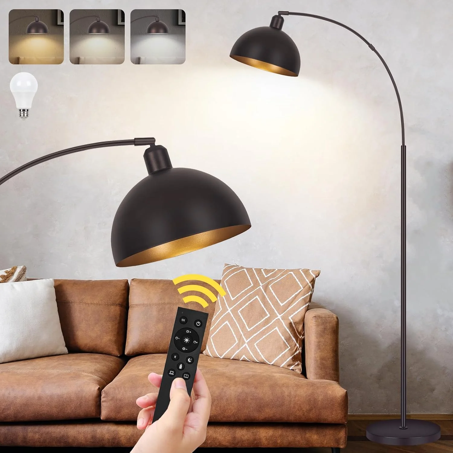 Black Arc Floor Lamp, Remote Control, Dimmable, 2700-6000K, Bulb Included, 9W LED, Modern Arch Standing lamp