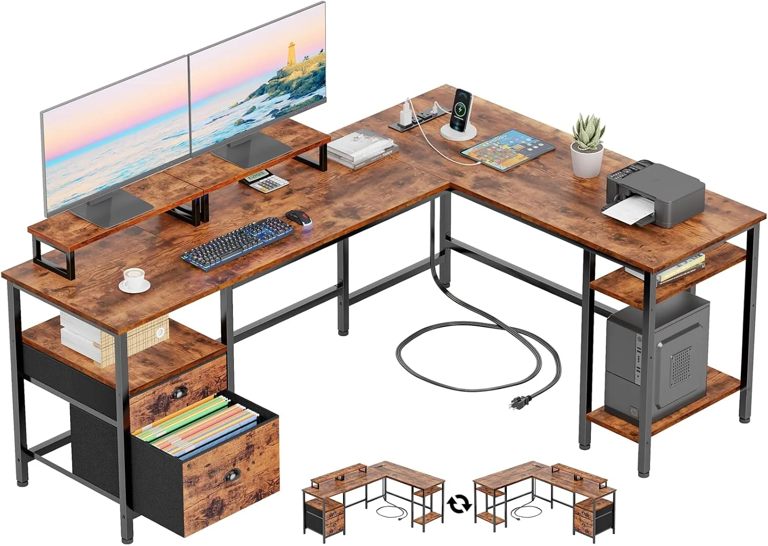 Furologee 66” L Shaped Desk with Power Outlet, Reversible Home Office Desk with File Drawer, 2 Monitor Stands - Image 2