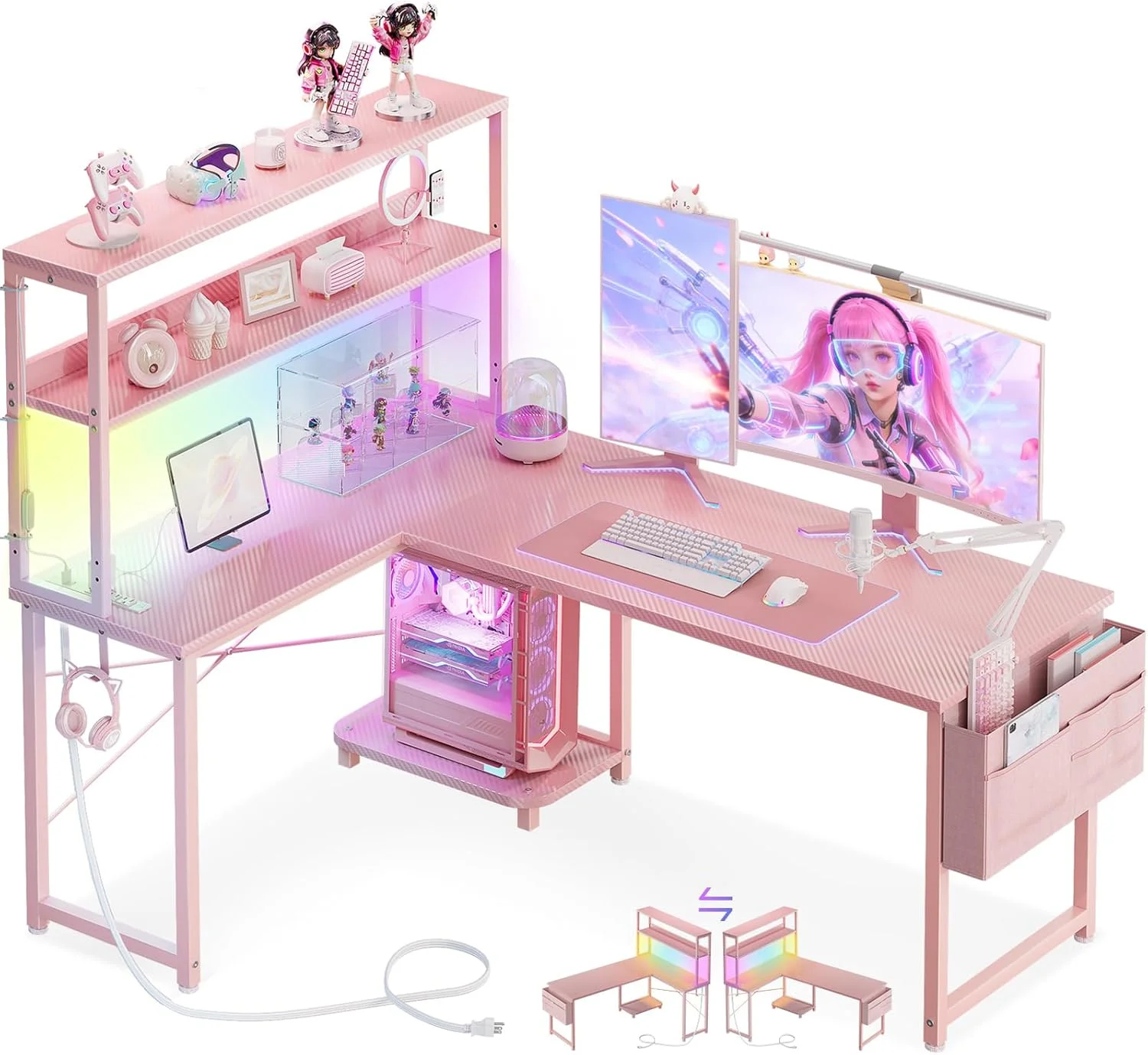 AODK L Shaped Desk Gaming Desk with LED Light & Power Outlet, 53 Inch Black Reversible L Shaped Computer Table with - Image 3