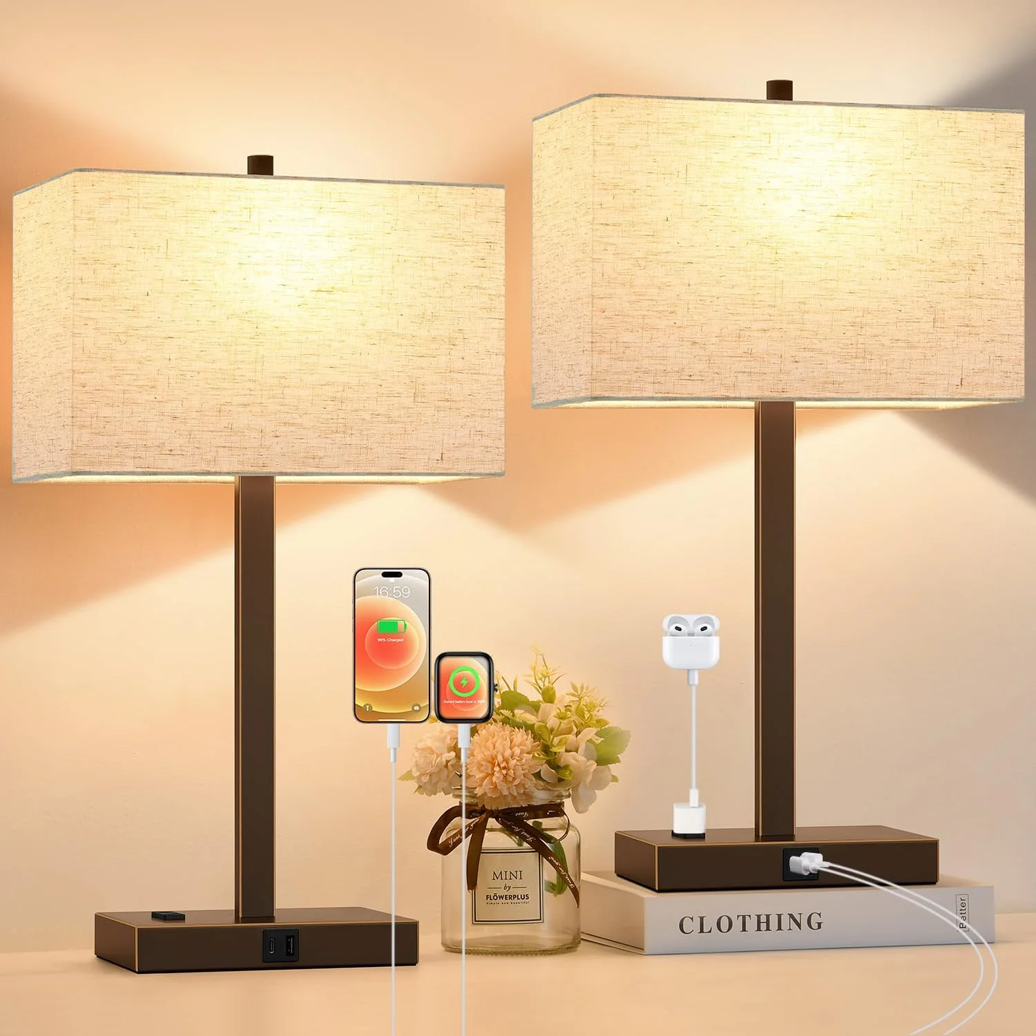 21 Touch Bedside lamps with 2 USB & AC Outlets, Dimmable, Bulb Included - Image 13