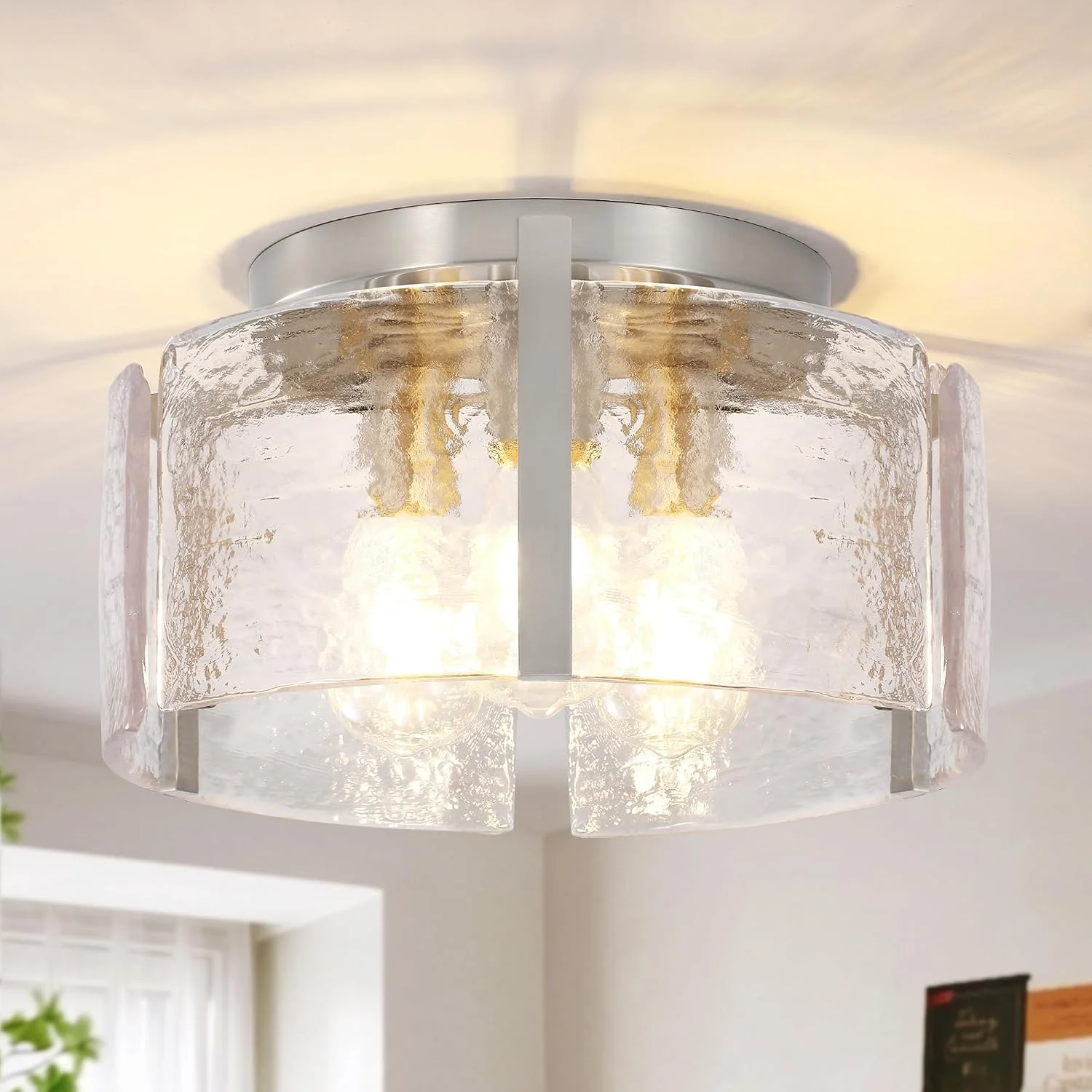 ZXFDWB Modern Gold Semi Flush Mount Ceiling Light, Dimmable, 3-Light Farmhouse Glass Drum Light Fixture - Image 3