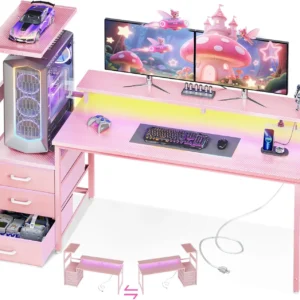 Alternative view of AODK Gaming Desk w/PC Showcase Stand, 59 Reversible, Elevated stand fits Lian Li O11, Hyte Y60. Triple drawers hide