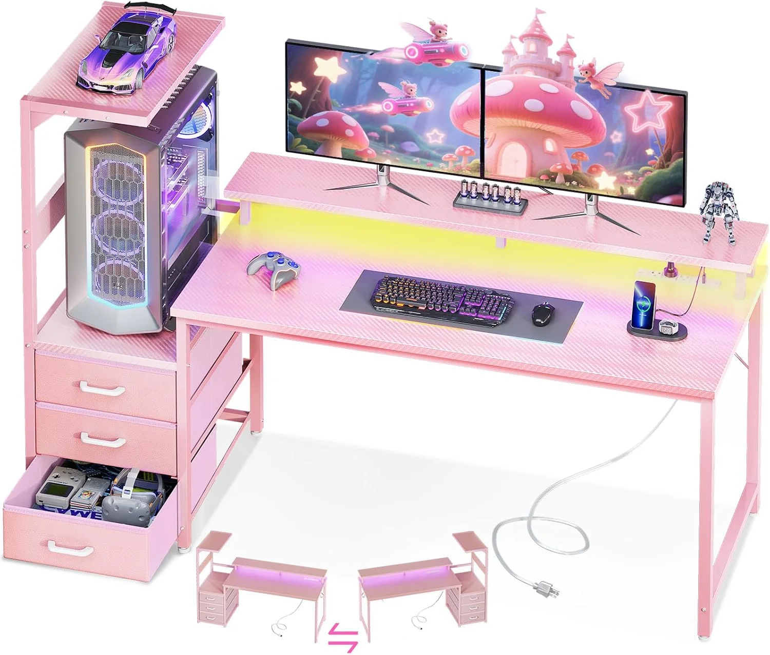 AODK Gaming Desk w/PC Showcase Stand, 59 Reversible, Elevated stand fits Lian Li O11, Hyte Y60. Triple drawers hide - Image 2