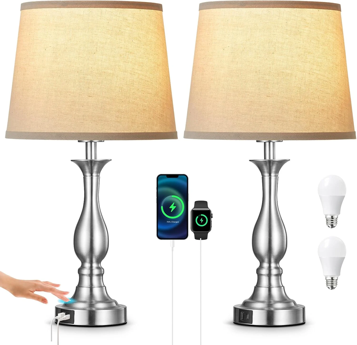 Bedside Table Lamp Touch Control Bedroom Lamps with USB A and C Charging Port 3 Way Dimmable Touch Lamps for Nightstand - Image 2