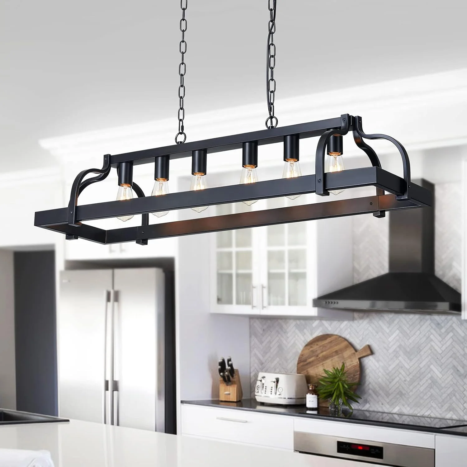 WUZUPS 5-Light Metal Chandelier Imitation Wood Grain Linear Pendant Ceiling Lighting Rustic Farmhouse Fixture Kitchen - Image 4
