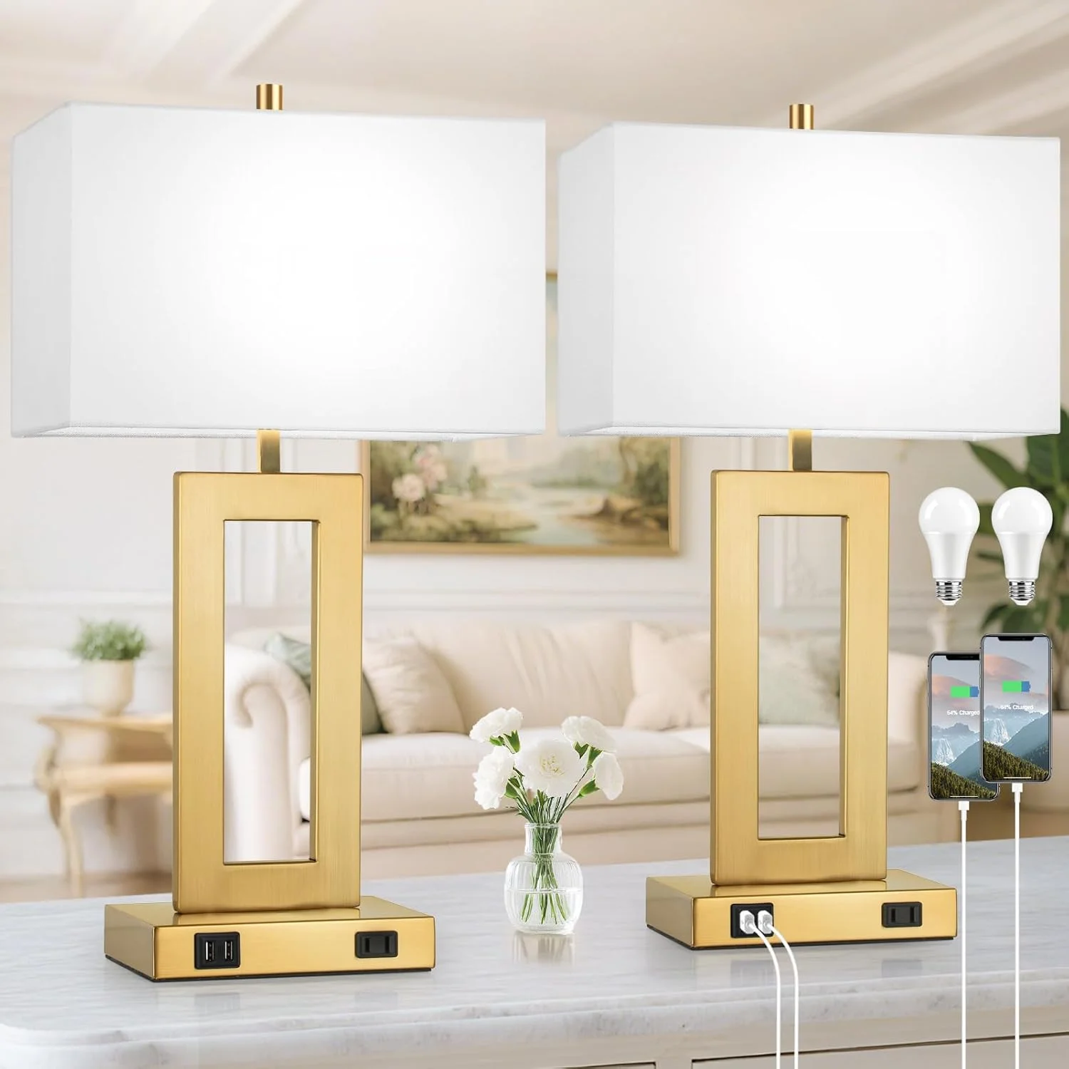 Set of 2 Touch Control Table Lamp with 2 USB Ports, Dimmable