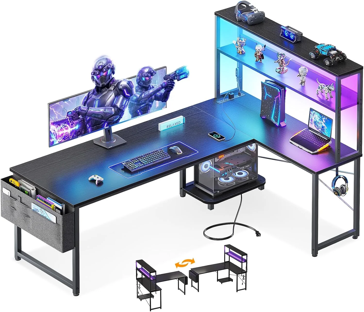 ODK 53 L Shaped Gaming Desk with Shelves, LED & Outlets