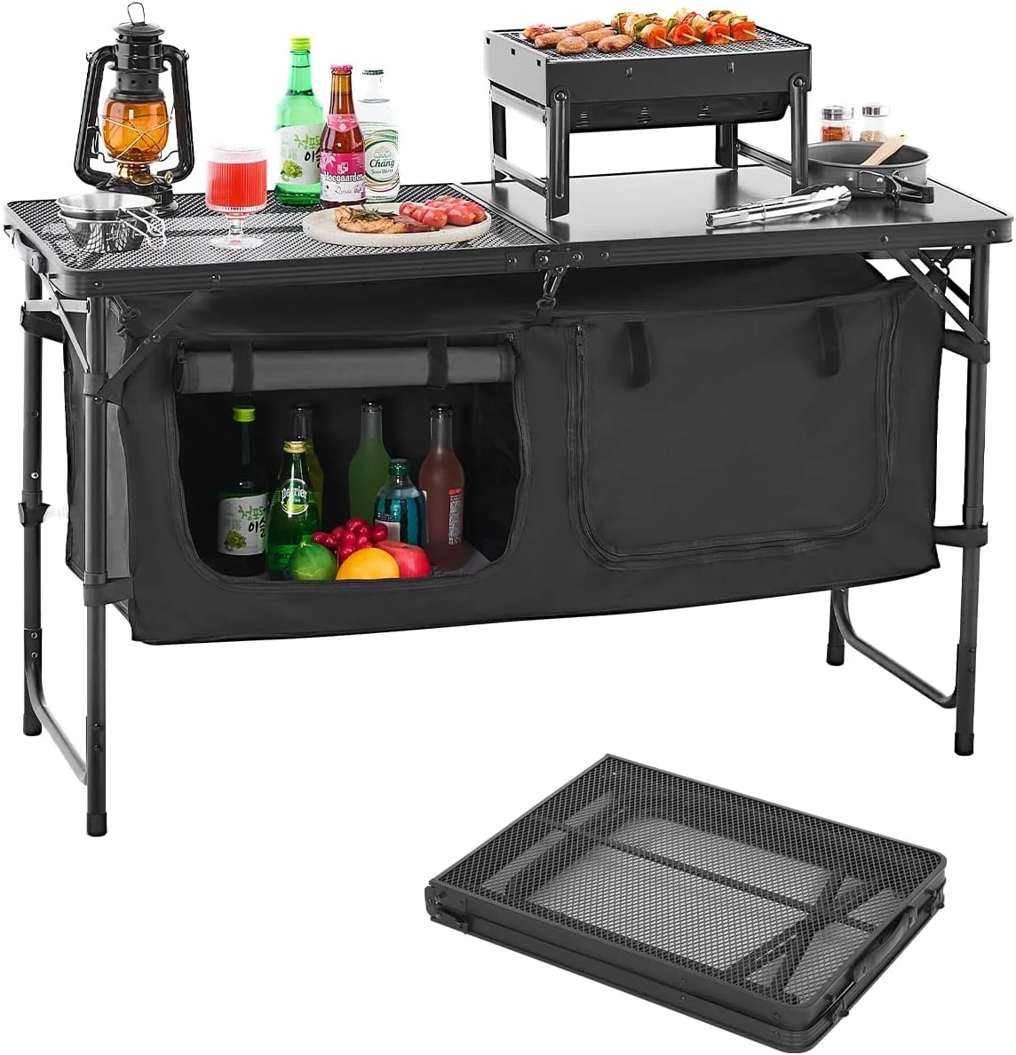 VEVOR Camping Kitchen Station, 3 Adjustable Height Folding Outdoor Camp Cooking Table with Storage Organizer - Image 2