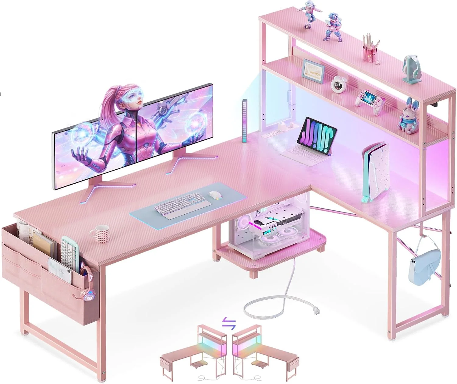 ODK 53 L Shaped Gaming Desk with Shelves, LED & Outlets - Image 4