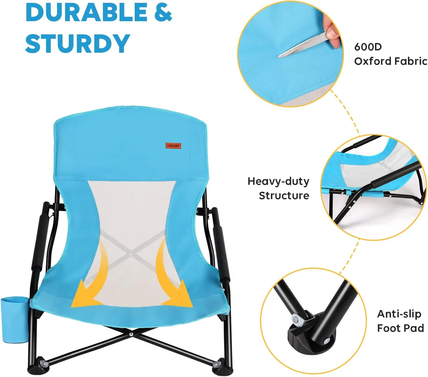 TOBTOS Low Beach Chair for Adults 2 Pack, Low Profile Folding with Cup Holder & Carry Bag, Heavy Duty Chair for Outdoor - Image 4
