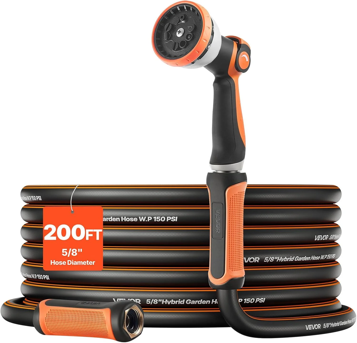 VEVOR Garden Hose, 200 ft 5/8 Heavy Duty Rubber Water Hose with 10 Mode Nozzle, 150PSI Working & 600PSI Burst