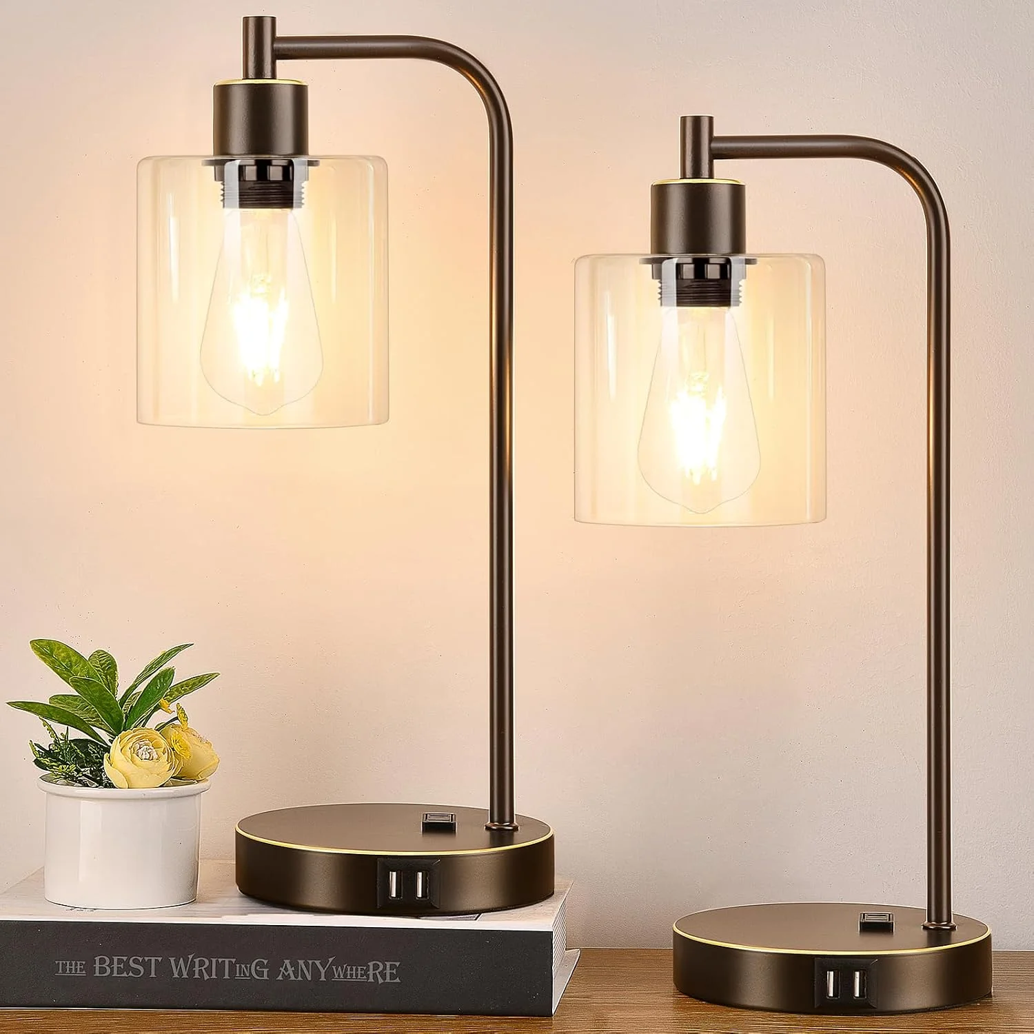 Set of 2 Industrial Touch Control Table Lamps with USB C+A Ports and AC Outlet, Dimmable, Bulb Included - Image 3