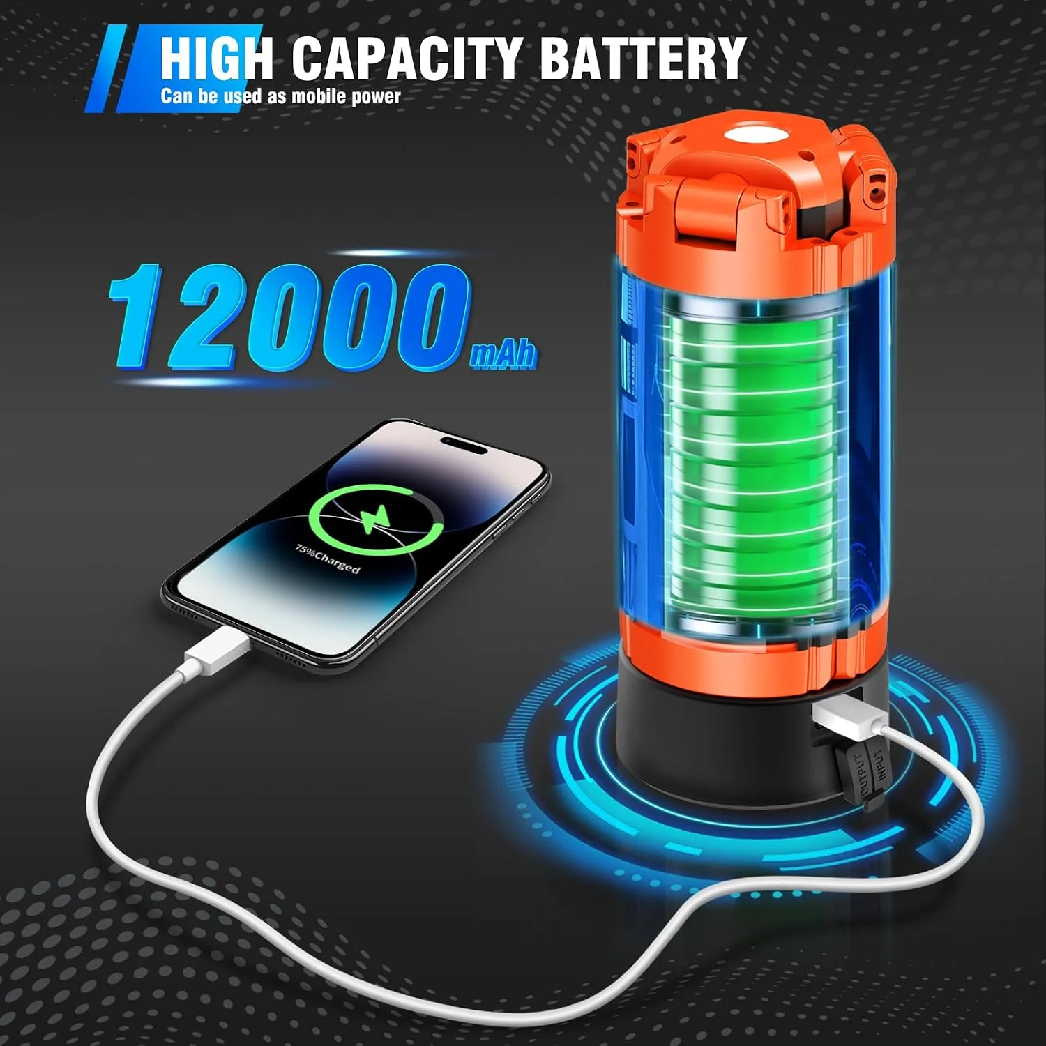 AKOFUN 12000mAh Camping Light with Stand, Rechargeable Work Light, 10000 Lumen Dimmable Cordless Work Light with 3 LED - Image 3