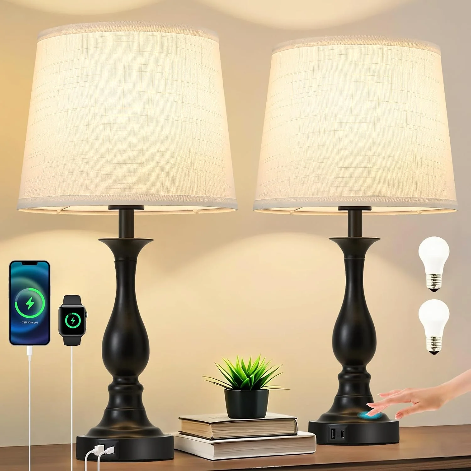 Bedside Table Lamp Touch Control Bedroom Lamps with USB A and C Charging Port 3 Way Dimmable Touch Lamps for Nightstand - Image 8