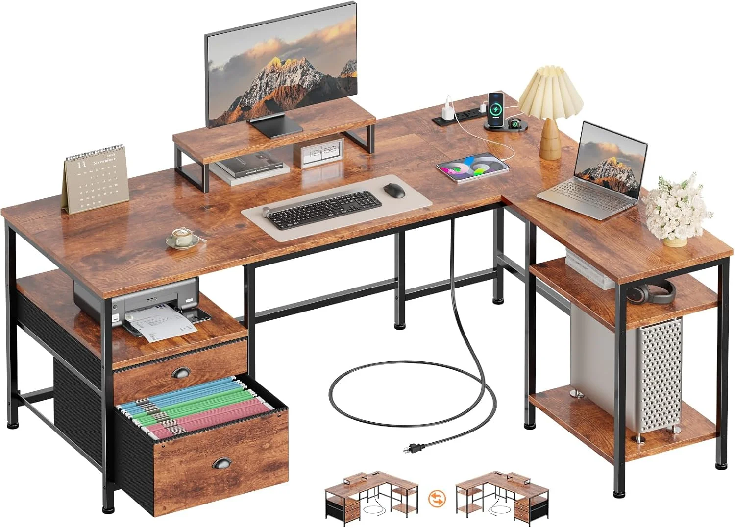 Furologee 66” L Shaped Desk with Power Outlet, Reversible Home Office Desk with File Drawer, 2 Monitor Stands