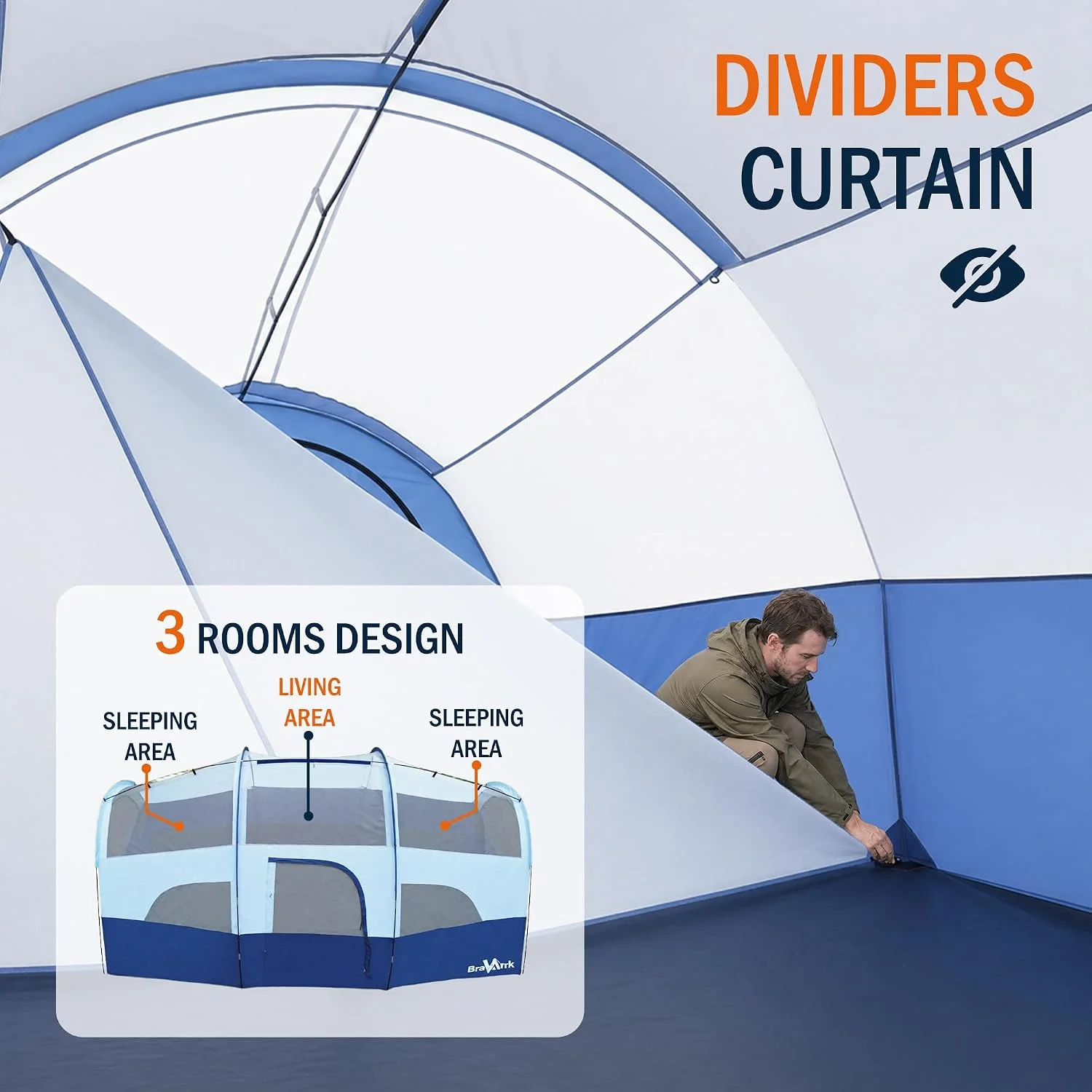 BravArrk Camping Tent for 8 Person, PU3000MM Waterproof Family Tent with Rainfly, Large Roomy 3 Room Camping Tents with - Image 3
