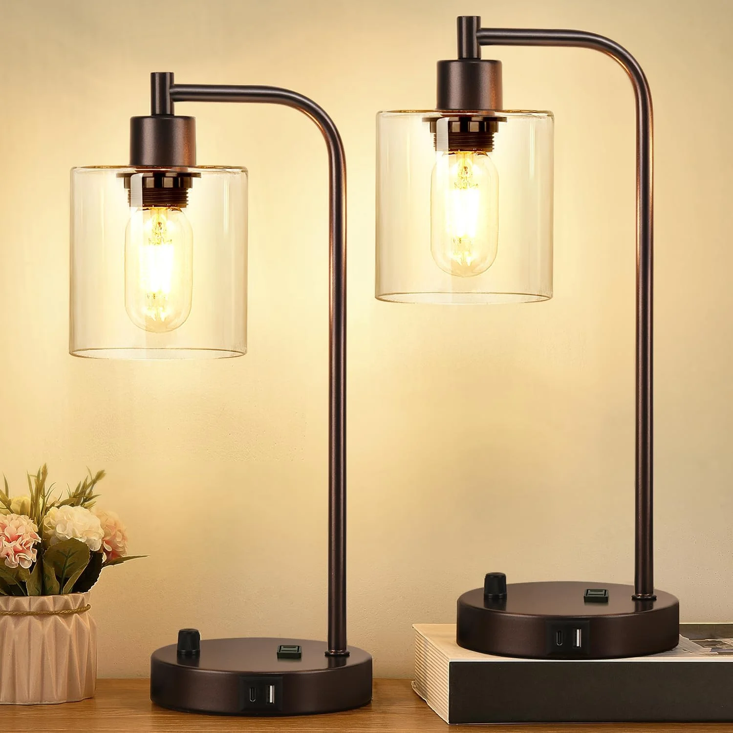Lynnoland Set of 2 Industrial Table Lamps with 2 USB, Dimmable, Bulb Included - Image 3