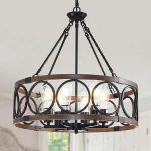20 Dining Room Light Fixture/Chandelier Over Table, 5-Light Black & Wood Grain Farmhouse Chandeliers for Dining Room