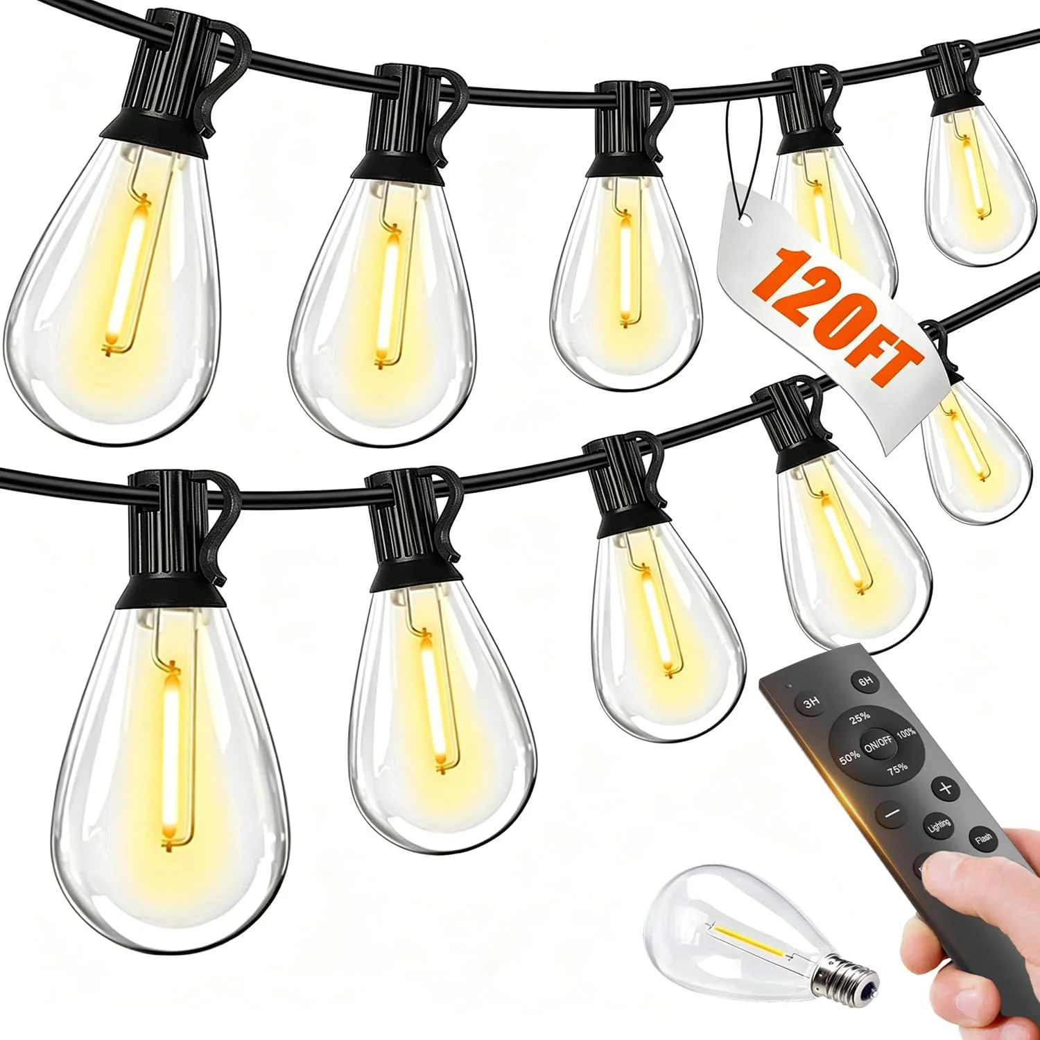 Tenmiro 200FT LED Outdoor String Lights with Remote, 74+2 Shatterproof Bulbs Dimmable Timing 3 Light Modes Outside Patio - Image 2