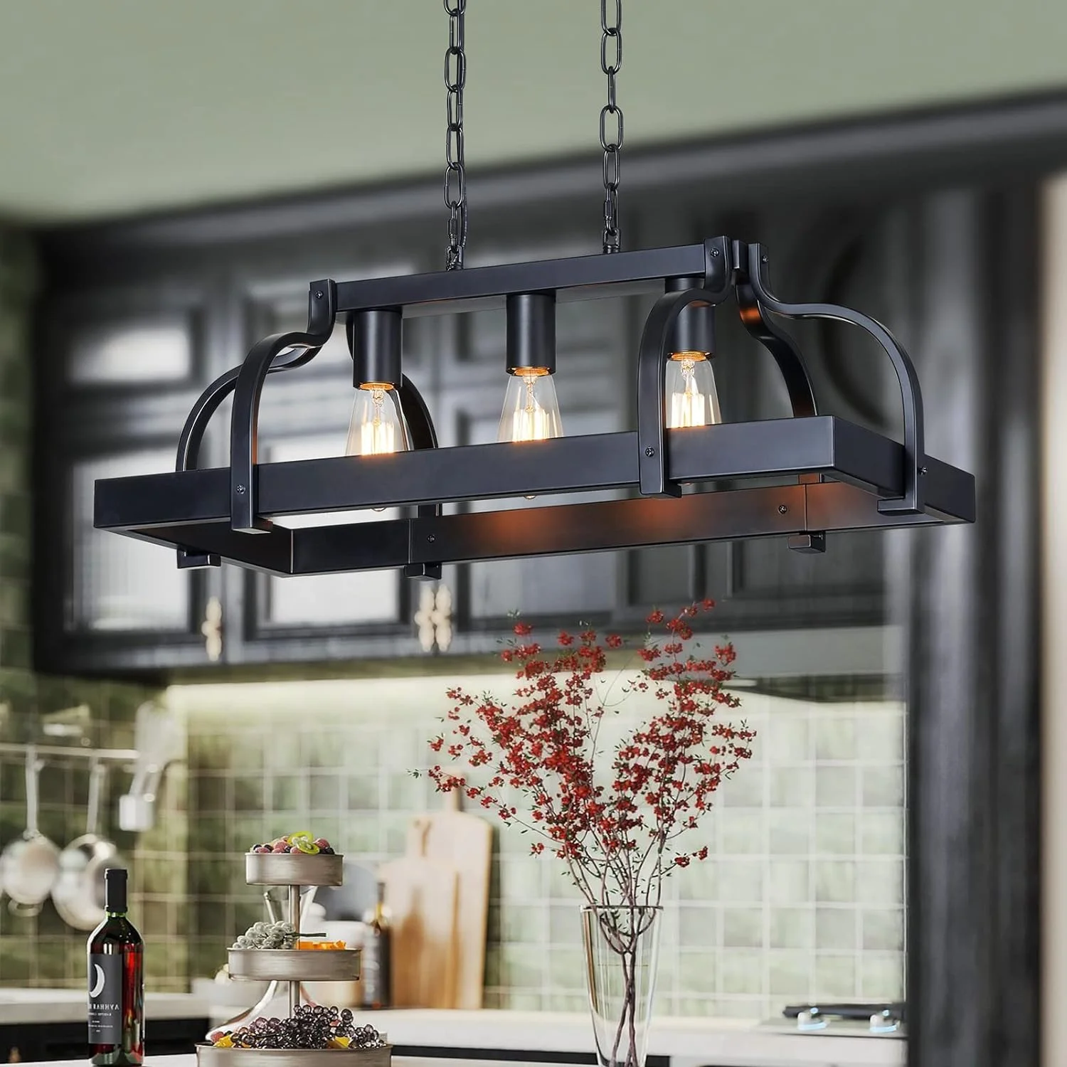 WUZUPS 5-Light Metal Chandelier Imitation Wood Grain Linear Pendant Ceiling Lighting Rustic Farmhouse Fixture Kitchen - Image 6