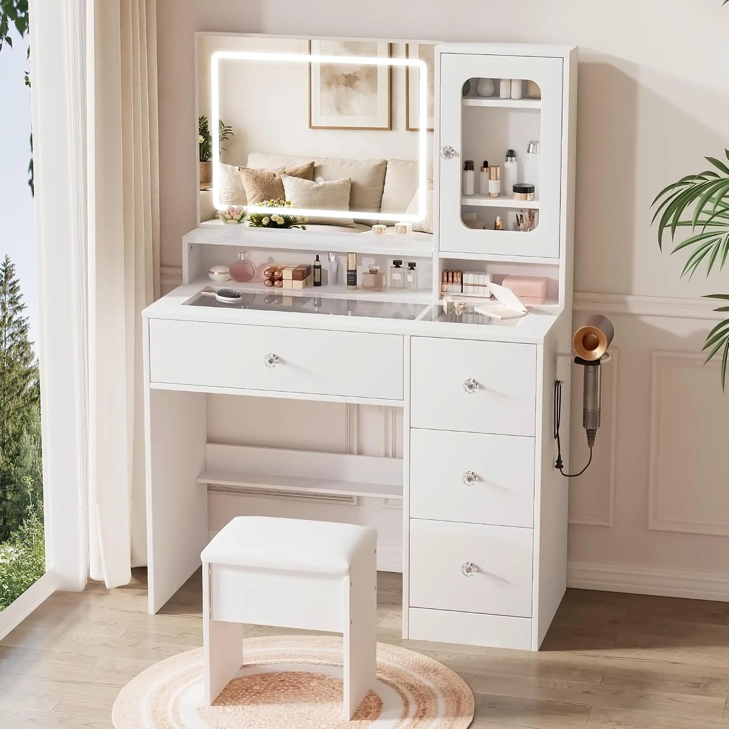 LIVELYGLOW White Makeup Vanity Desk with Charging Station & 4 Drawers, Smart LED Mirror - Image 3