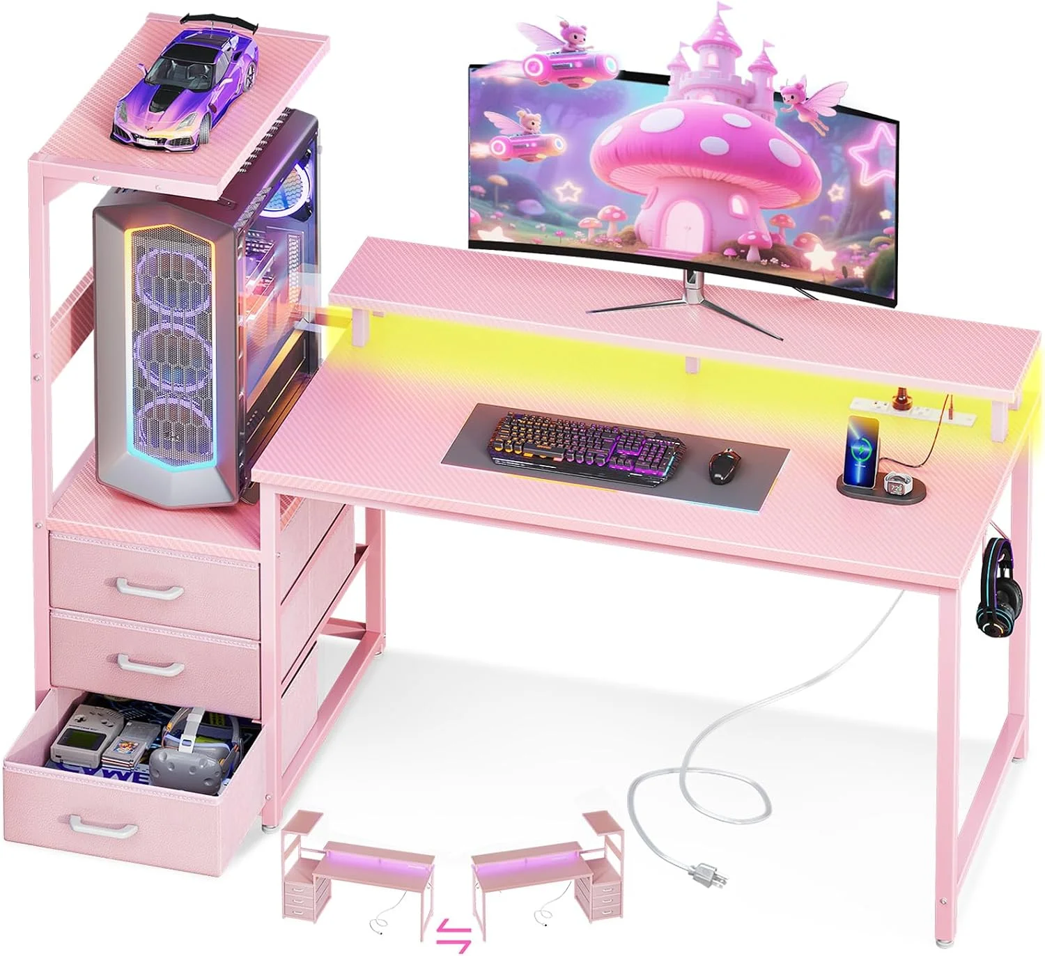 AODK Gaming Desk w/PC Showcase Stand, 59 Reversible, Elevated stand fits Lian Li O11, Hyte Y60. Triple drawers hide - Image 4