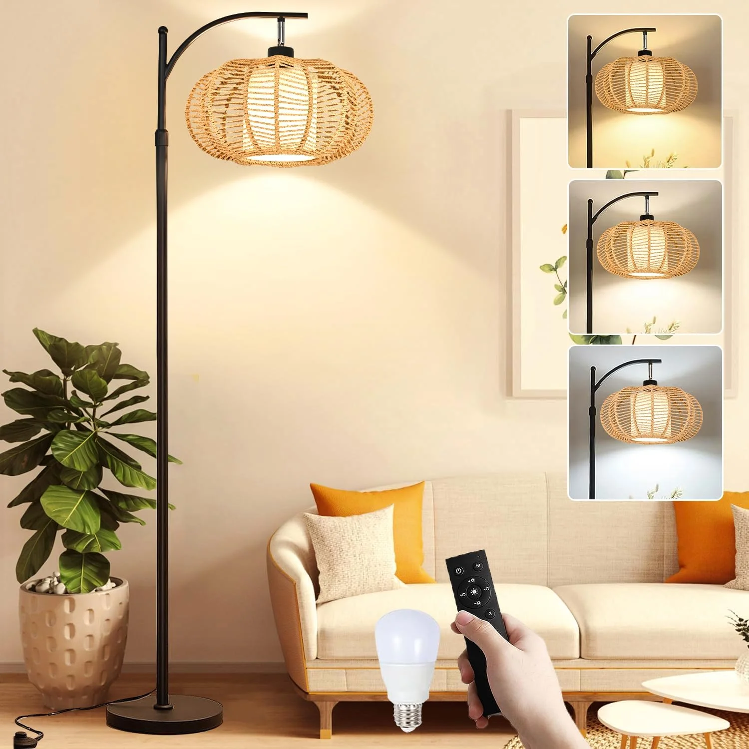 Arc Floor Lamp for Living Room Rattan Boho Floor Lamp with Remote Control, Dimmable, 3-Color Temperature - Image 9