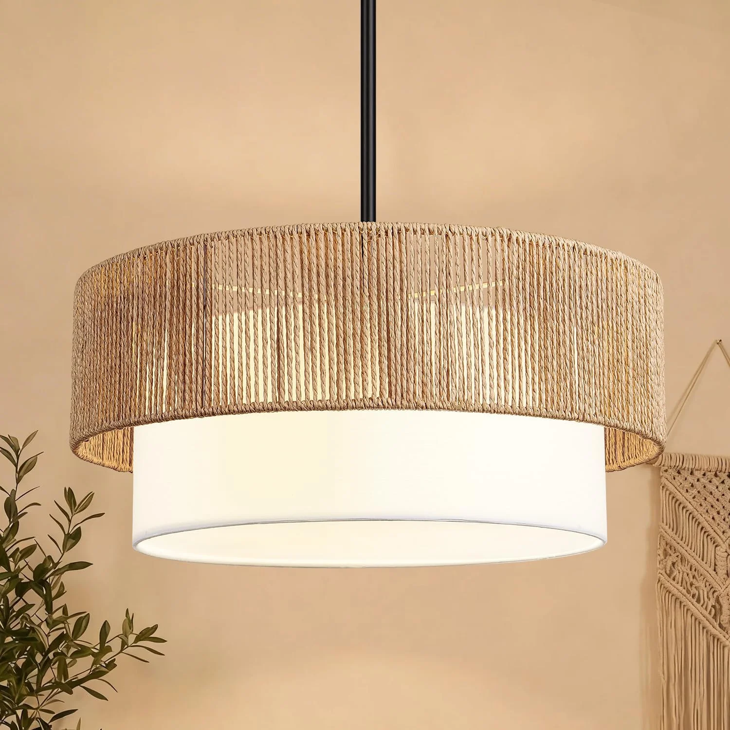 9-52 Height Adjustable Farmhouse Chandelier Light Fixture, 5-Light Rattan Boho Chandeliers for Dining Room - Image 8
