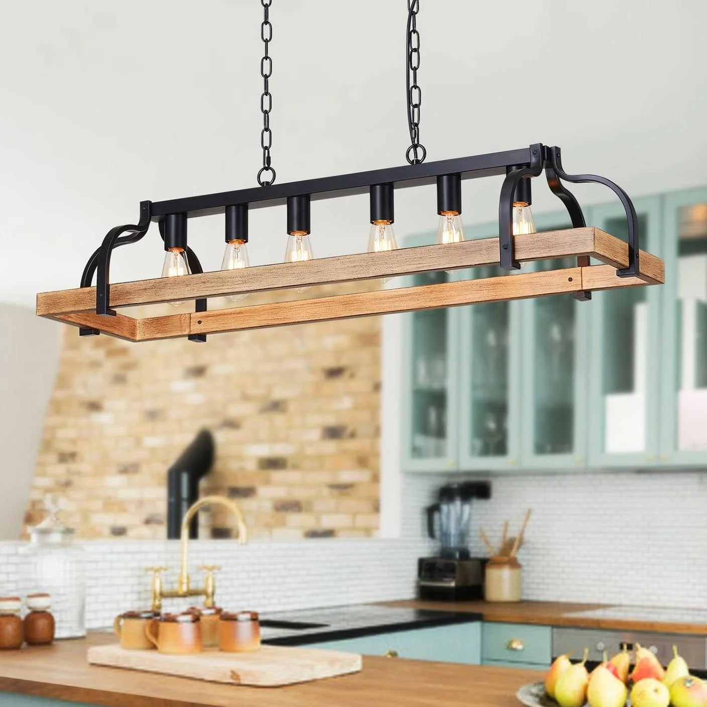 WUZUPS 5-Light Metal Chandelier Imitation Wood Grain Linear Pendant Ceiling Lighting Rustic Farmhouse Fixture Kitchen - Image 5